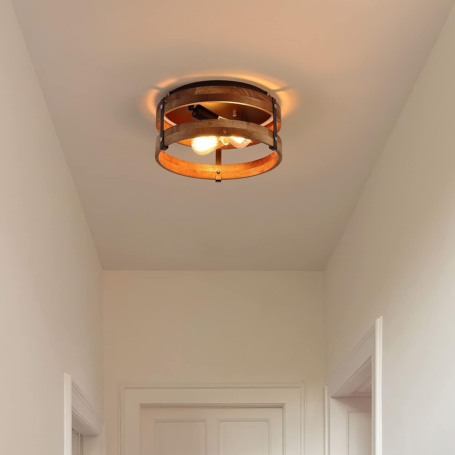 2‑Light Wood‑Black Flush Mount Ceiling Light
