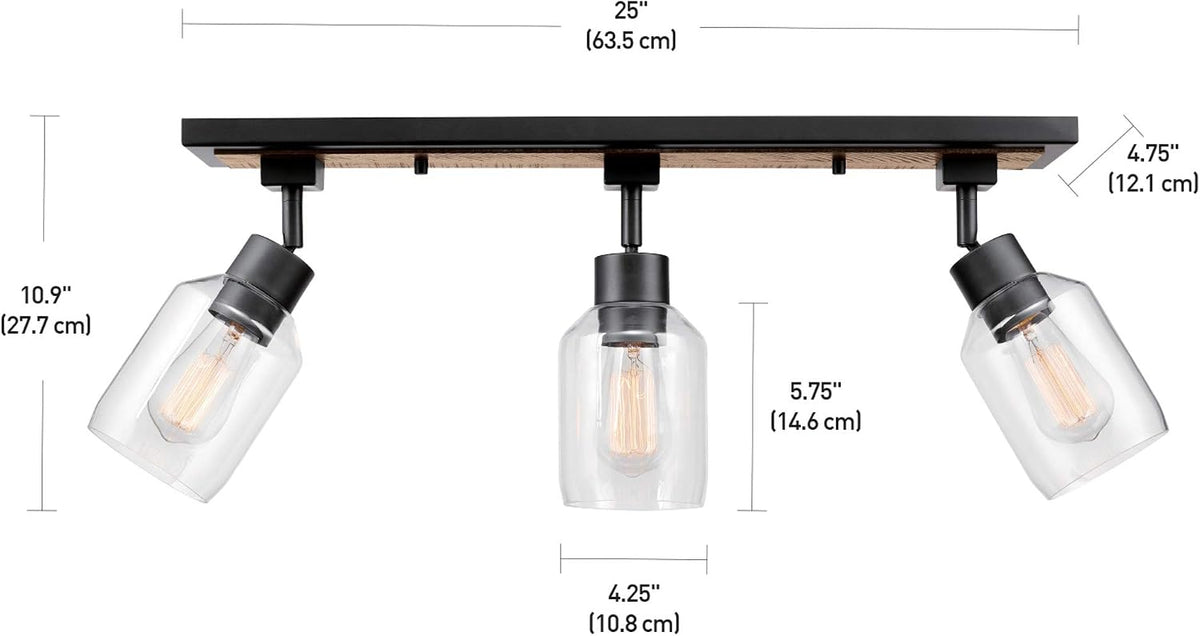 3‑Light Dimmable Wood‑Black Track Light