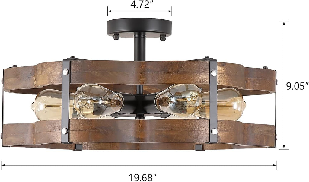 6‑Light Wood‑Black Cage Ceiling Light