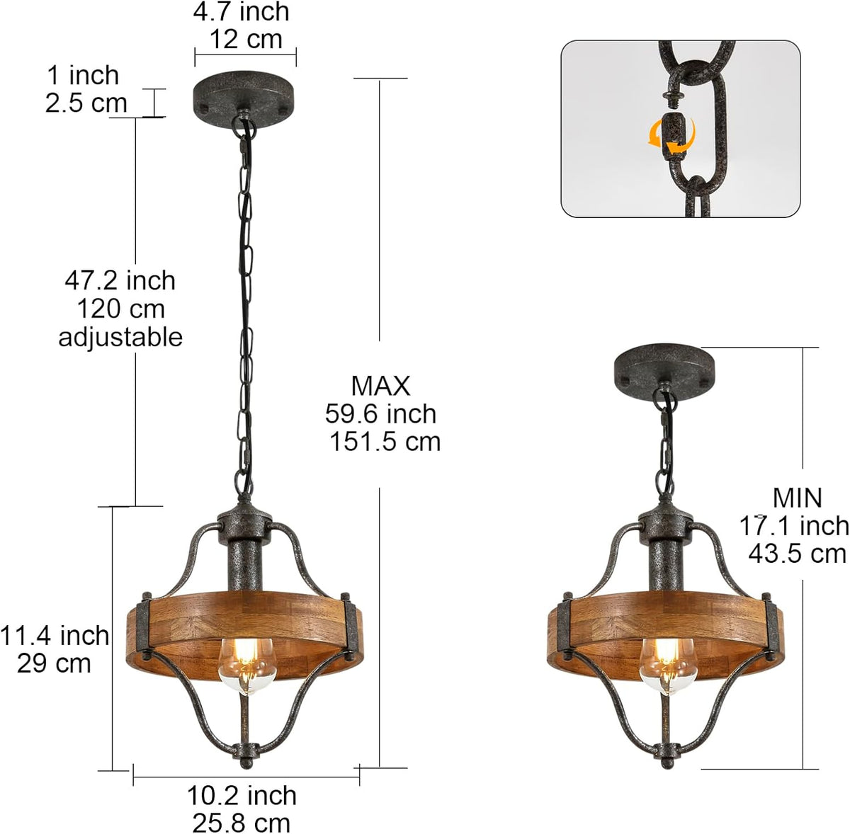 2‑Pack Wood‑Metal Farmhouse Pendant Light