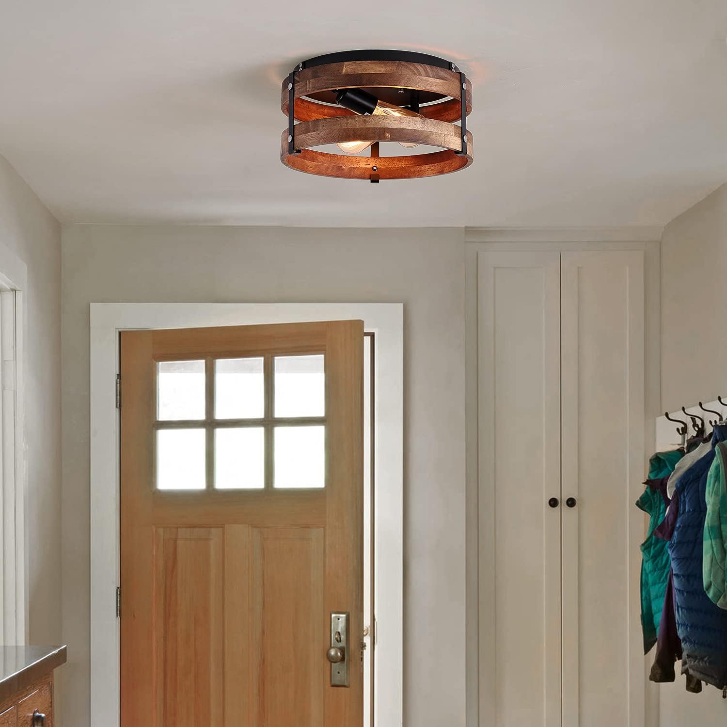2‑Light Wood‑Black Flush Mount Ceiling Light