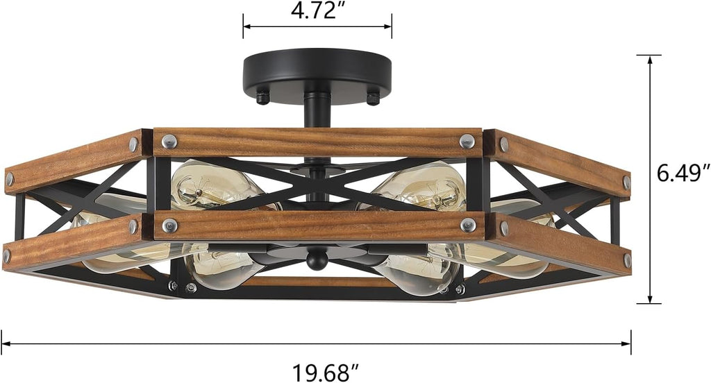 6‑Light Wood‑Black Cage Ceiling Light