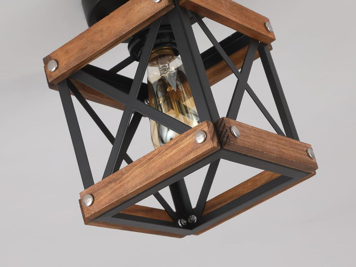 Wood‑Black Cage Flush Mount Ceiling Light