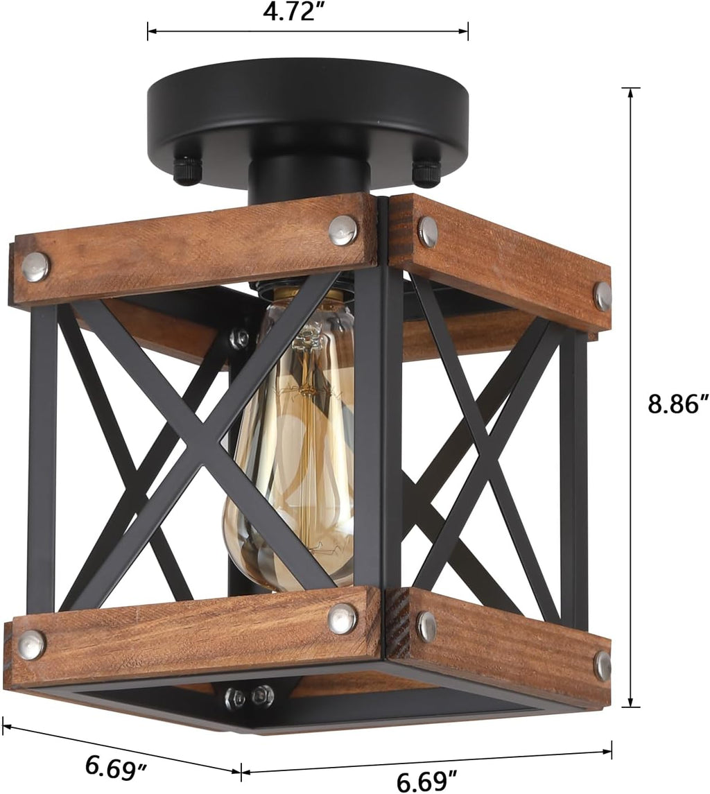 Wood‑Black Cage Flush Mount Ceiling Light