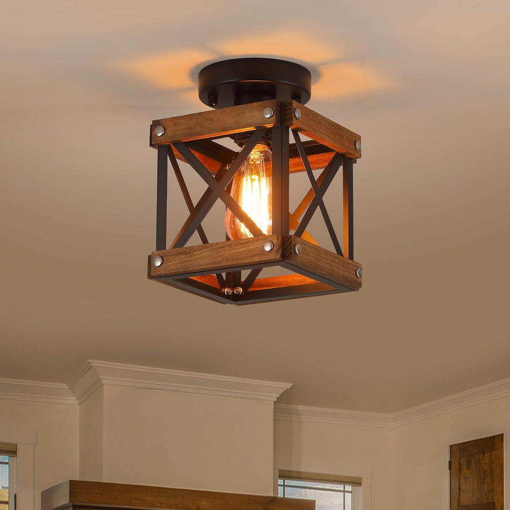 Wood‑Black Cage Flush Mount Ceiling Light
