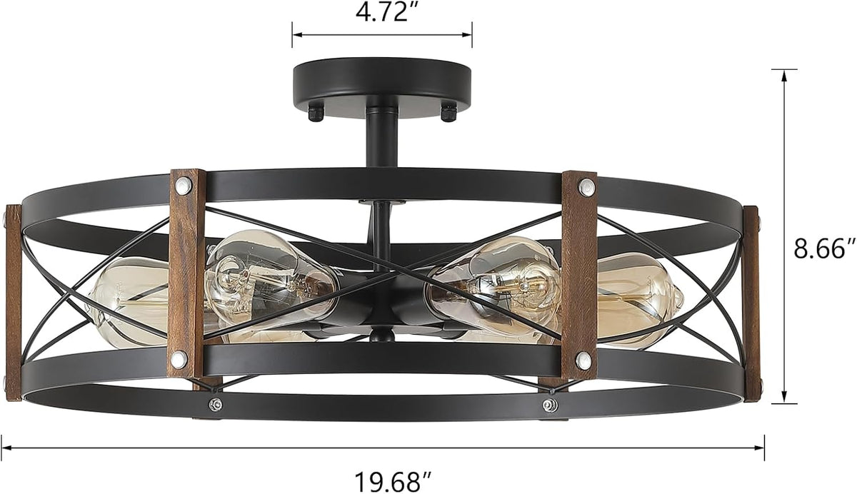 6‑Light Wood‑Black Flush Mount Ceiling Light