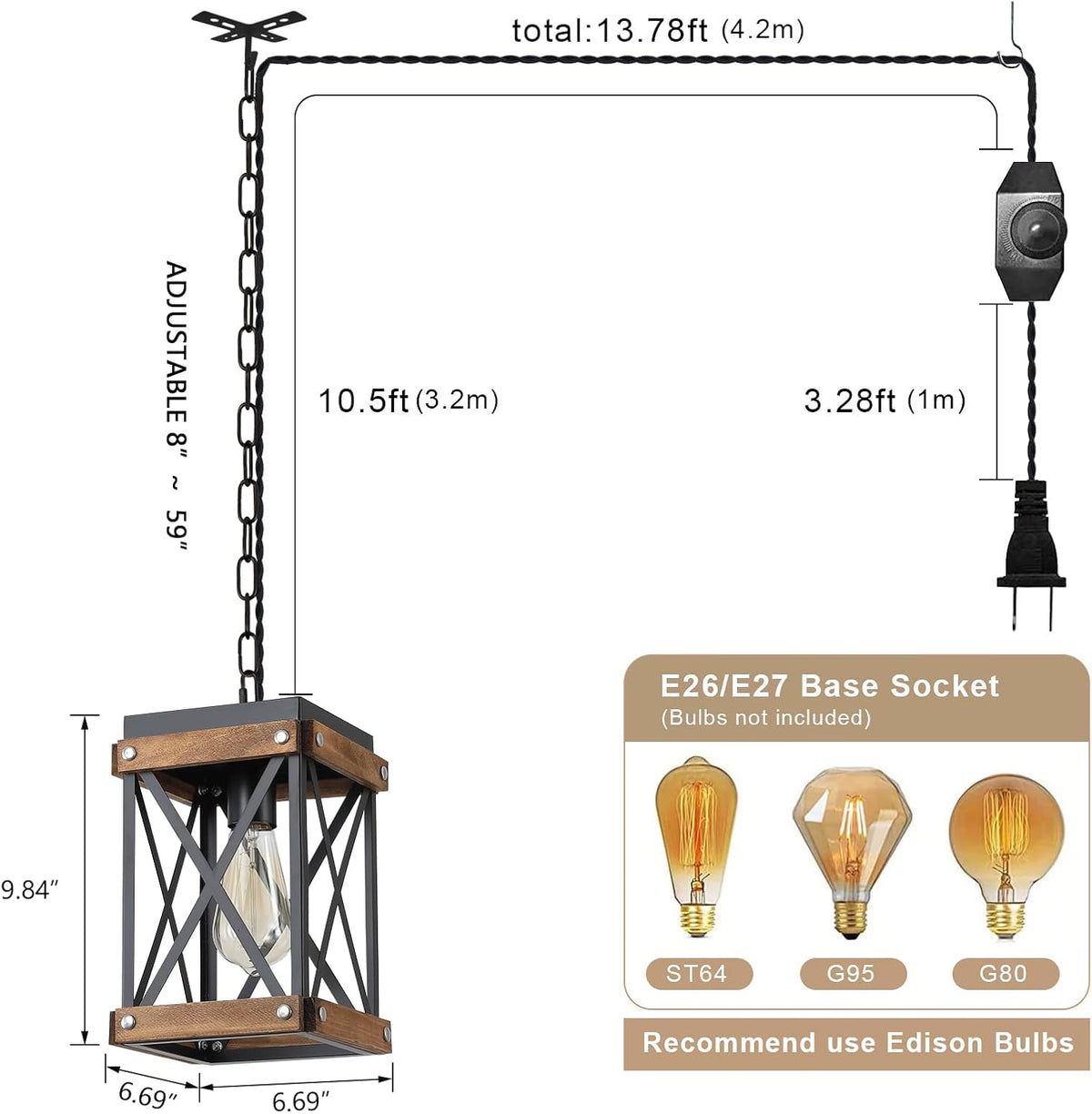 Plug‑in Oak Farmhouse Pendant Light