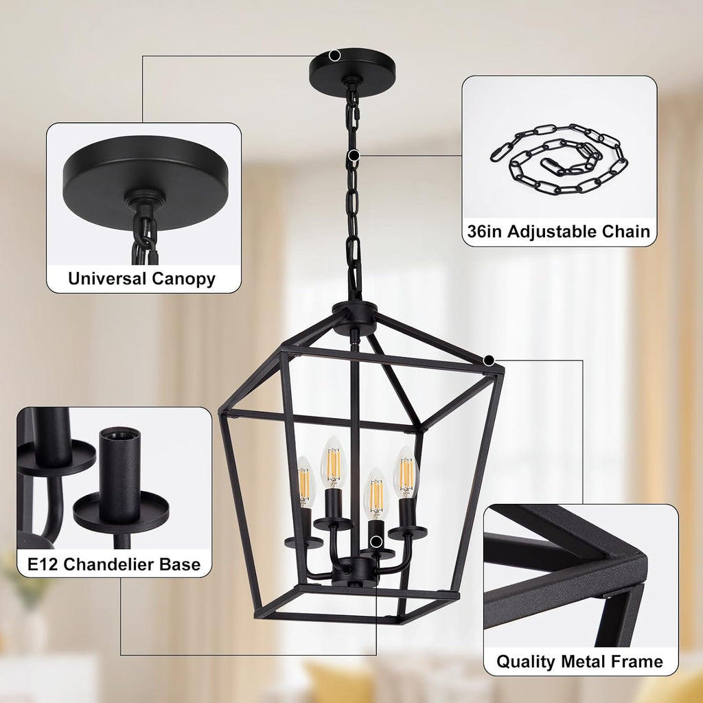 4‑Light Black Cage Industrial Chandelier