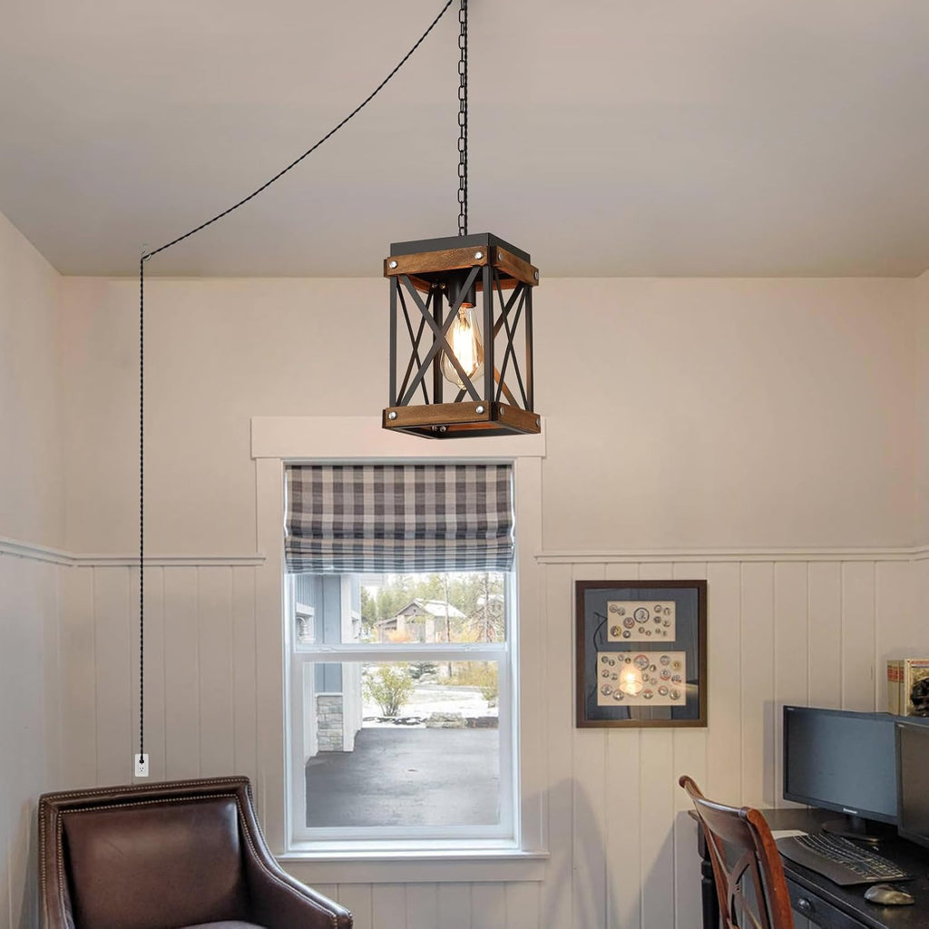 Plug‑in Oak Farmhouse Pendant Light