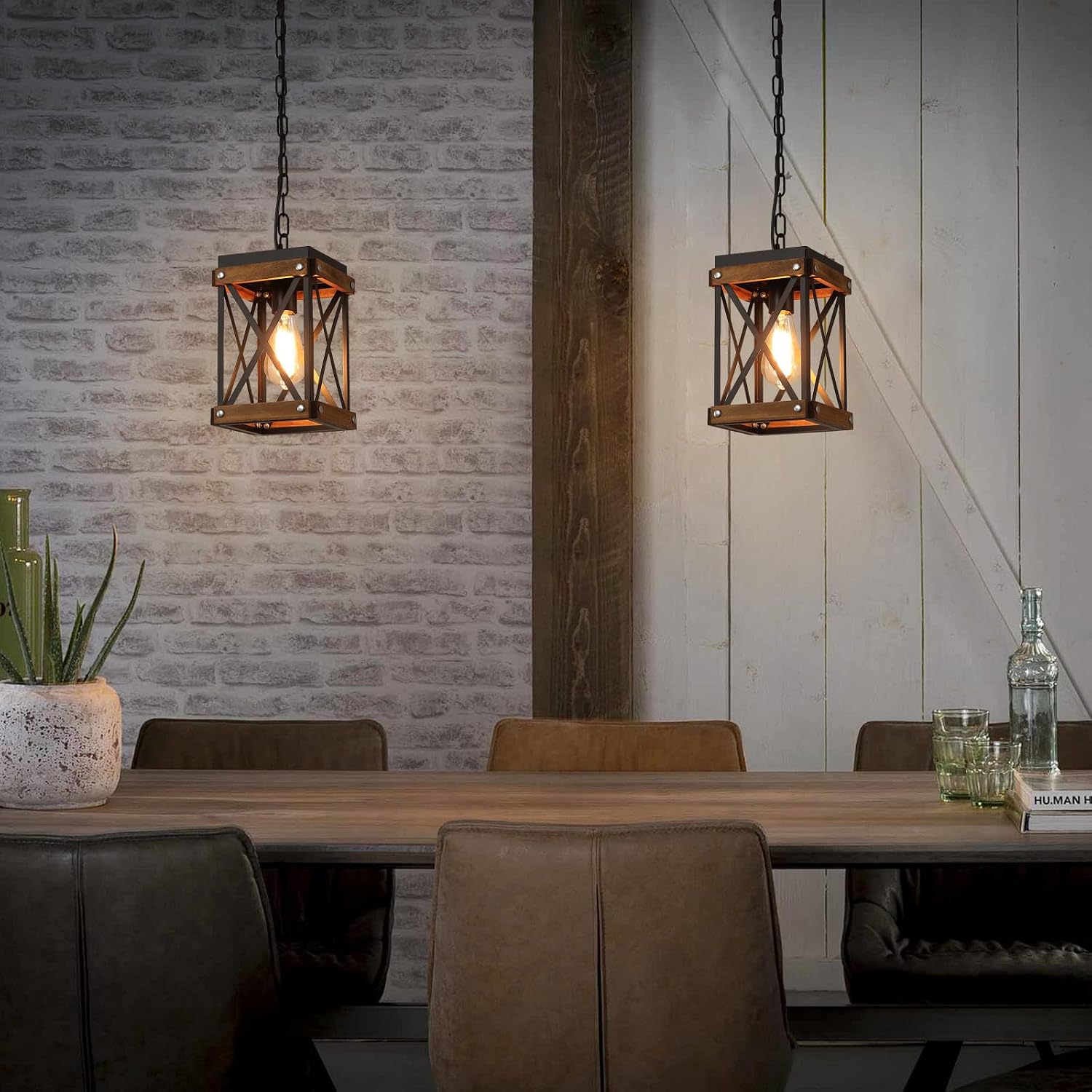Plug‑in Oak Farmhouse Pendant Light