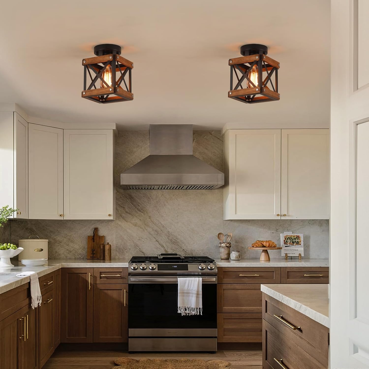 Wood‑Black Cage Flush Mount Ceiling Light