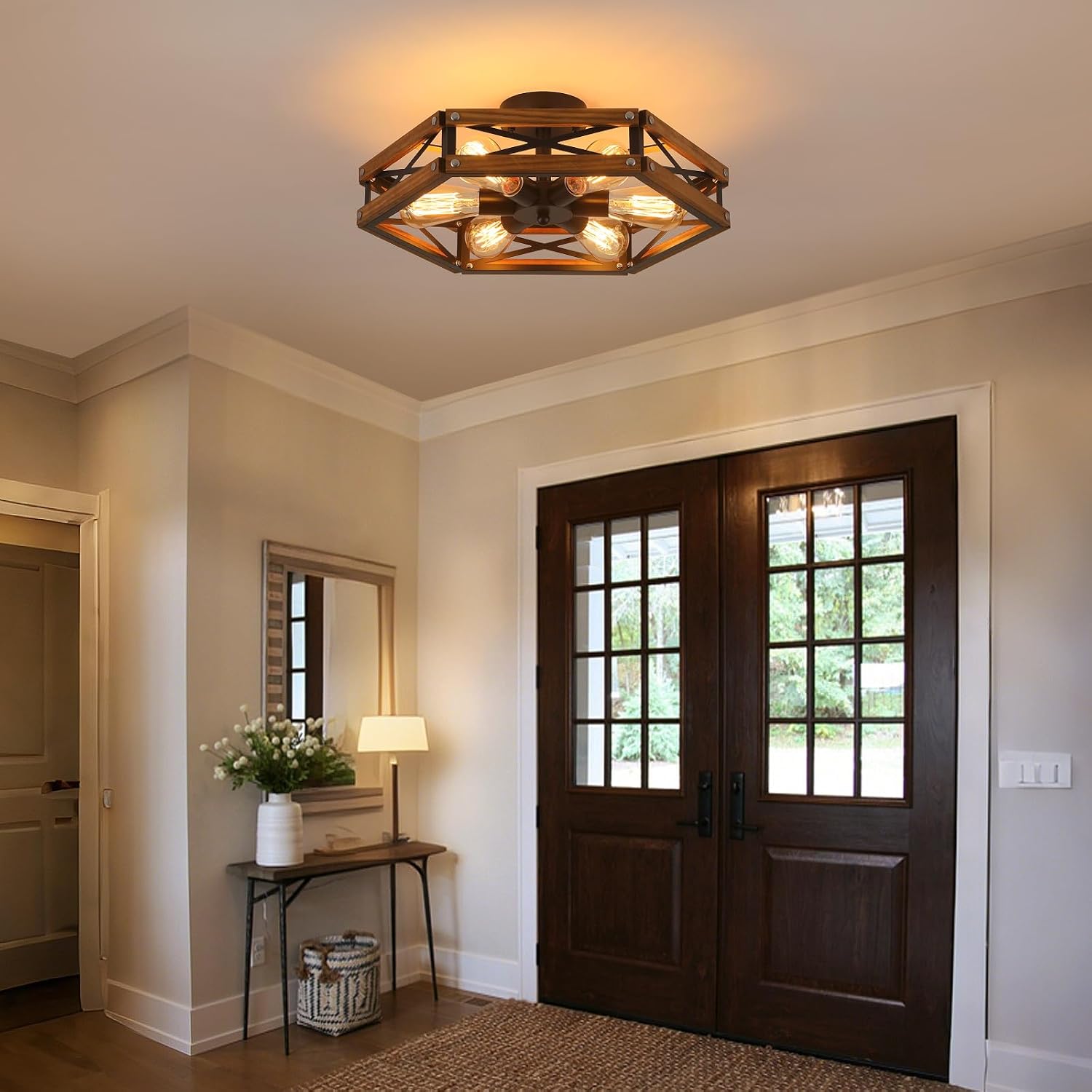 6‑Light Wood‑Black Cage Ceiling Light