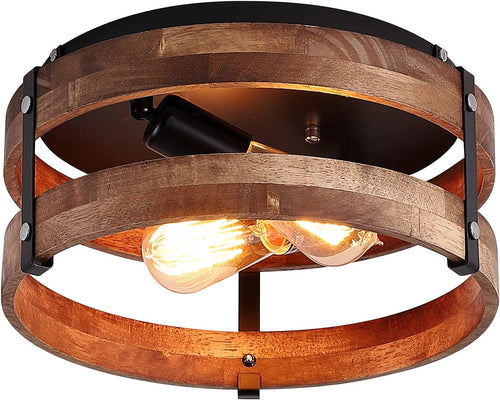 2‑Light Wood‑Black Flush Mount Ceiling Light