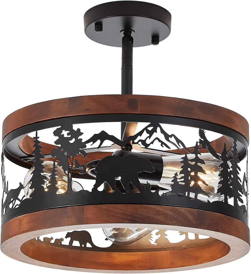 3‑Light Wood‑Metal Bear Ceiling Light