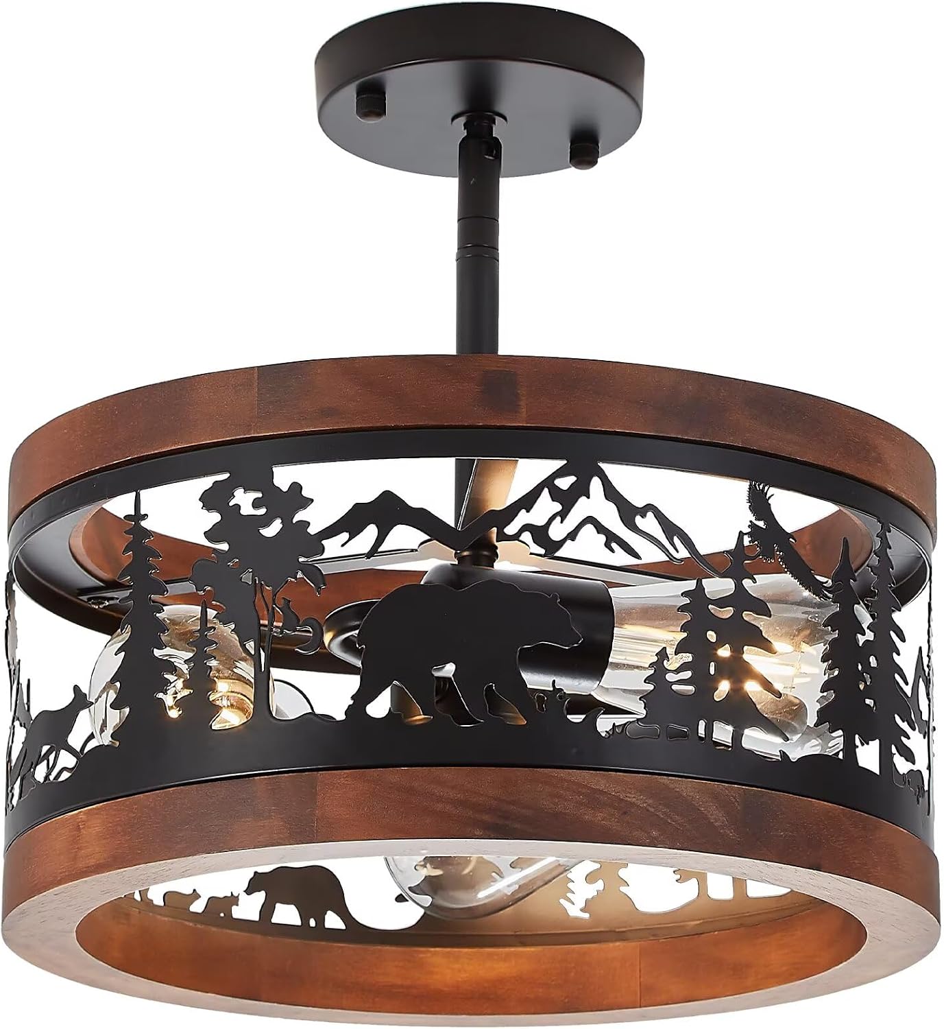 3‑Light Wood‑Metal Bear Ceiling Light