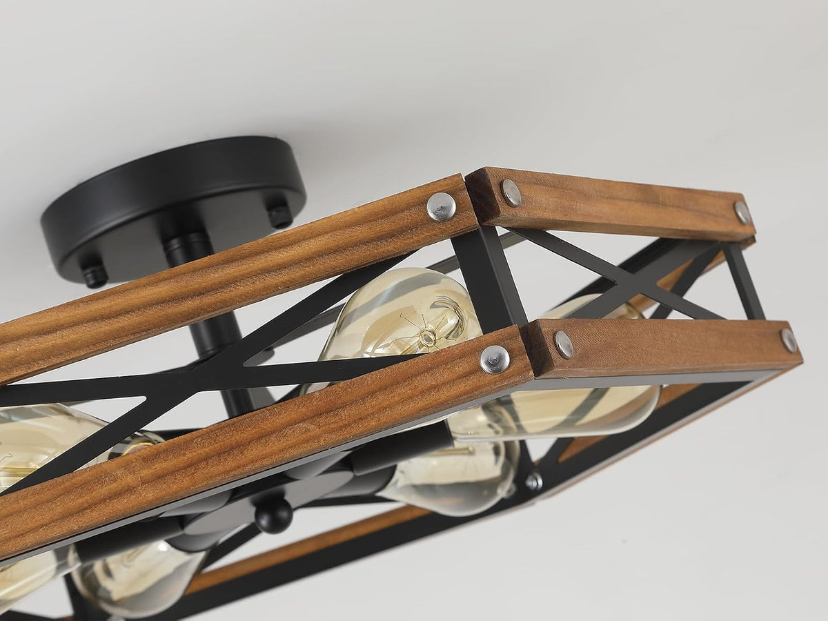 6‑Light Wood‑Black Cage Ceiling Light