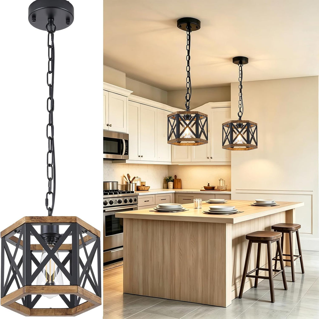 2‑Pack Wood‑Metal Farmhouse Pendant Light
