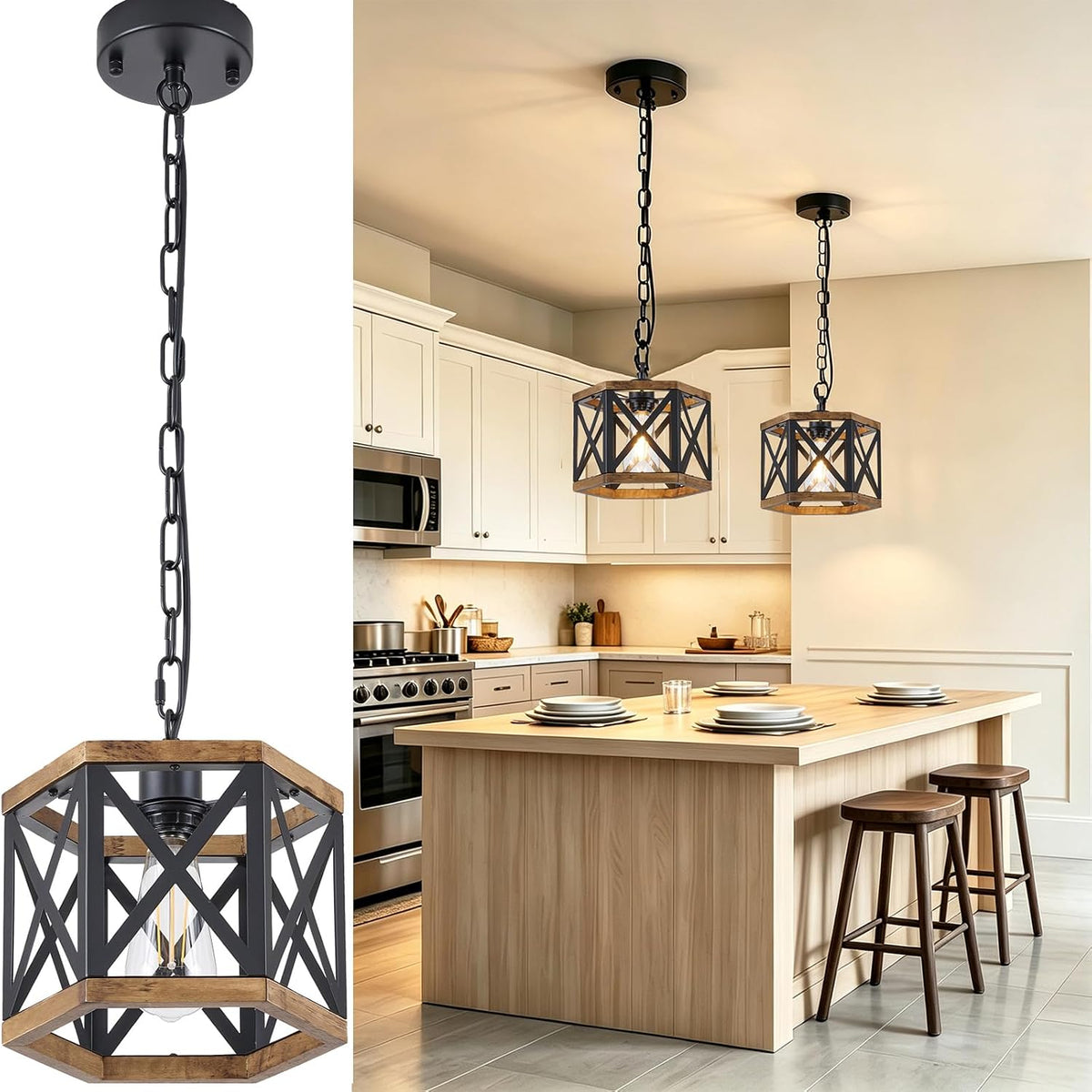 2‑Pack Wood‑Metal Farmhouse Pendant Light