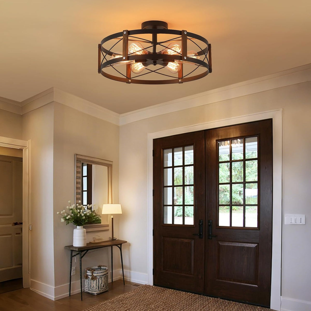 6‑Light Wood‑Black Flush Mount Ceiling Light