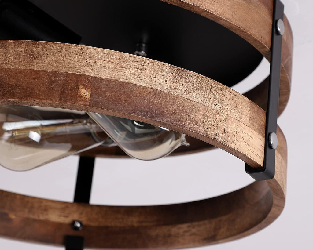 2‑Light Wood‑Black Flush Mount Ceiling Light
