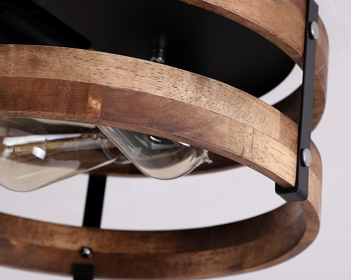 2‑Light Wood‑Black Flush Mount Ceiling Light