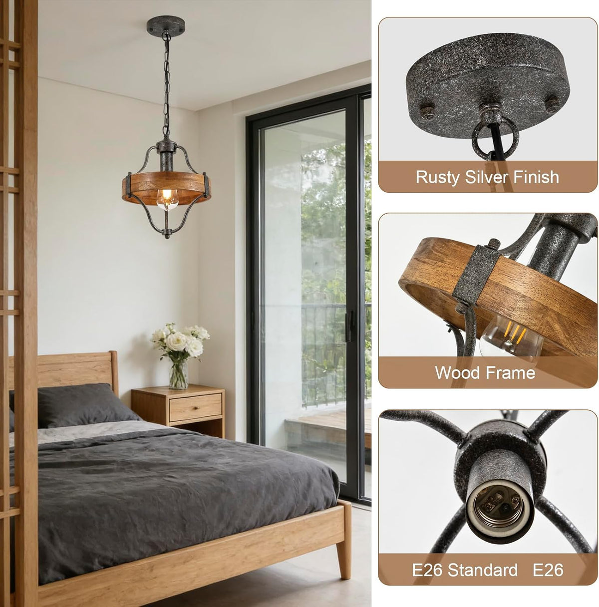 2‑Pack Wood‑Metal Farmhouse Pendant Light