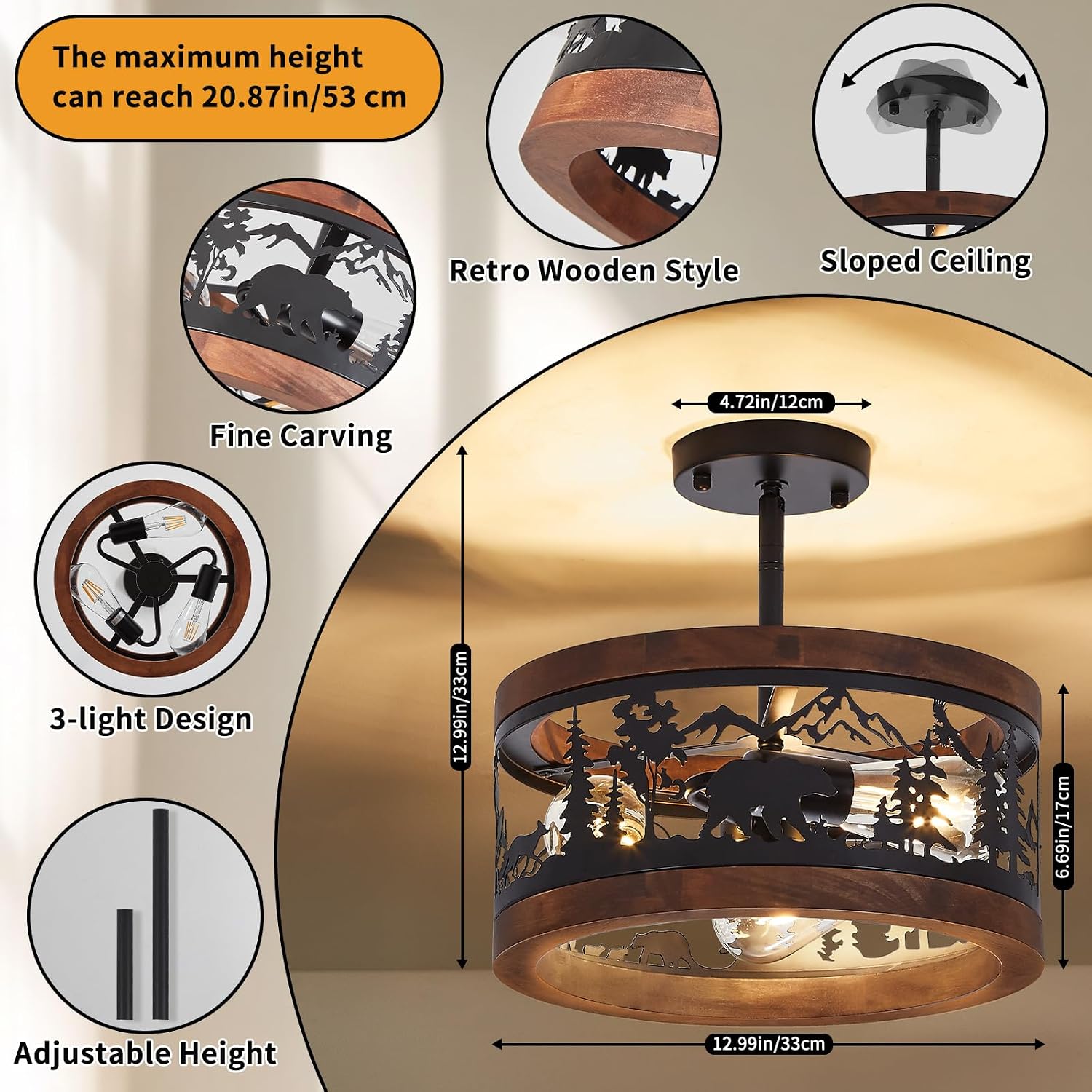 3‑Light Wood‑Metal Bear Ceiling Light