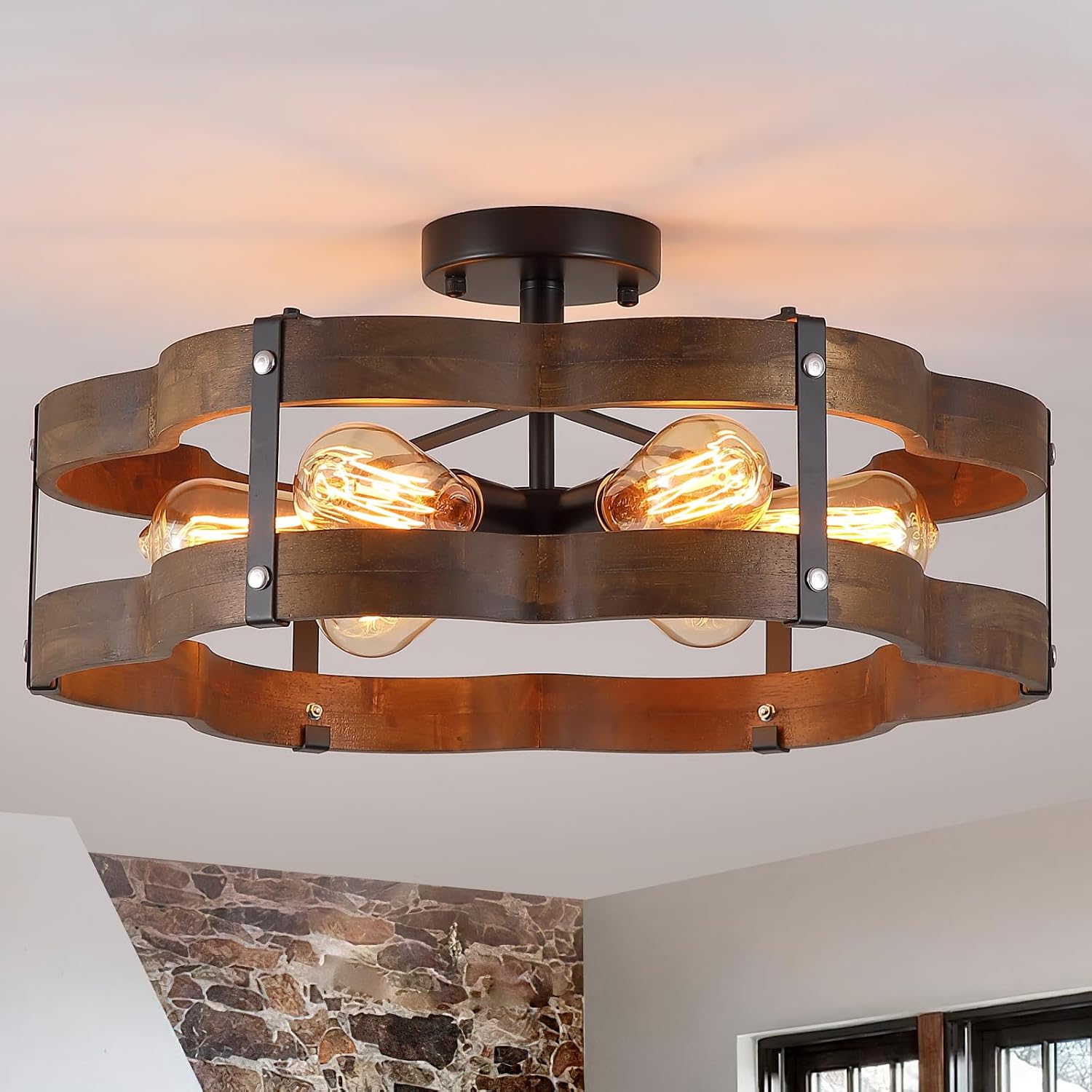 6‑Light Wood‑Black Cage Ceiling Light