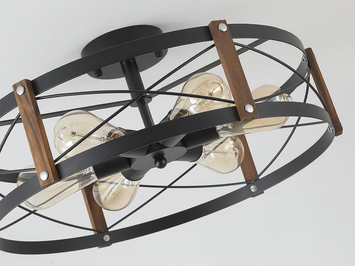 6‑Light Wood‑Black Flush Mount Ceiling Light