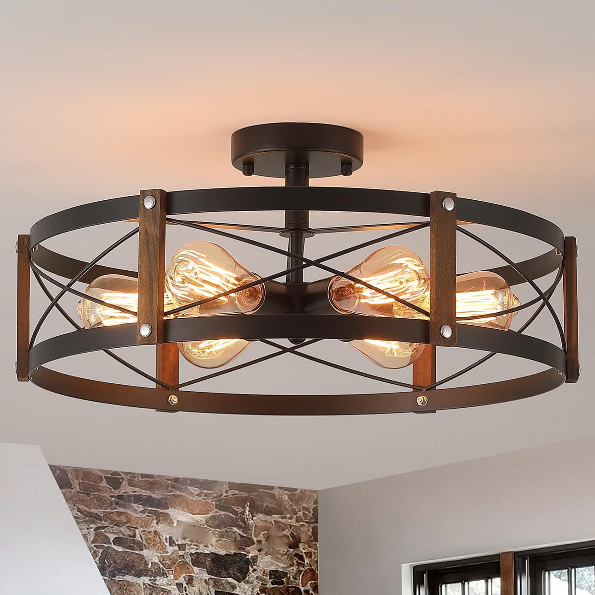 6‑Light Wood‑Black Flush Mount Ceiling Light