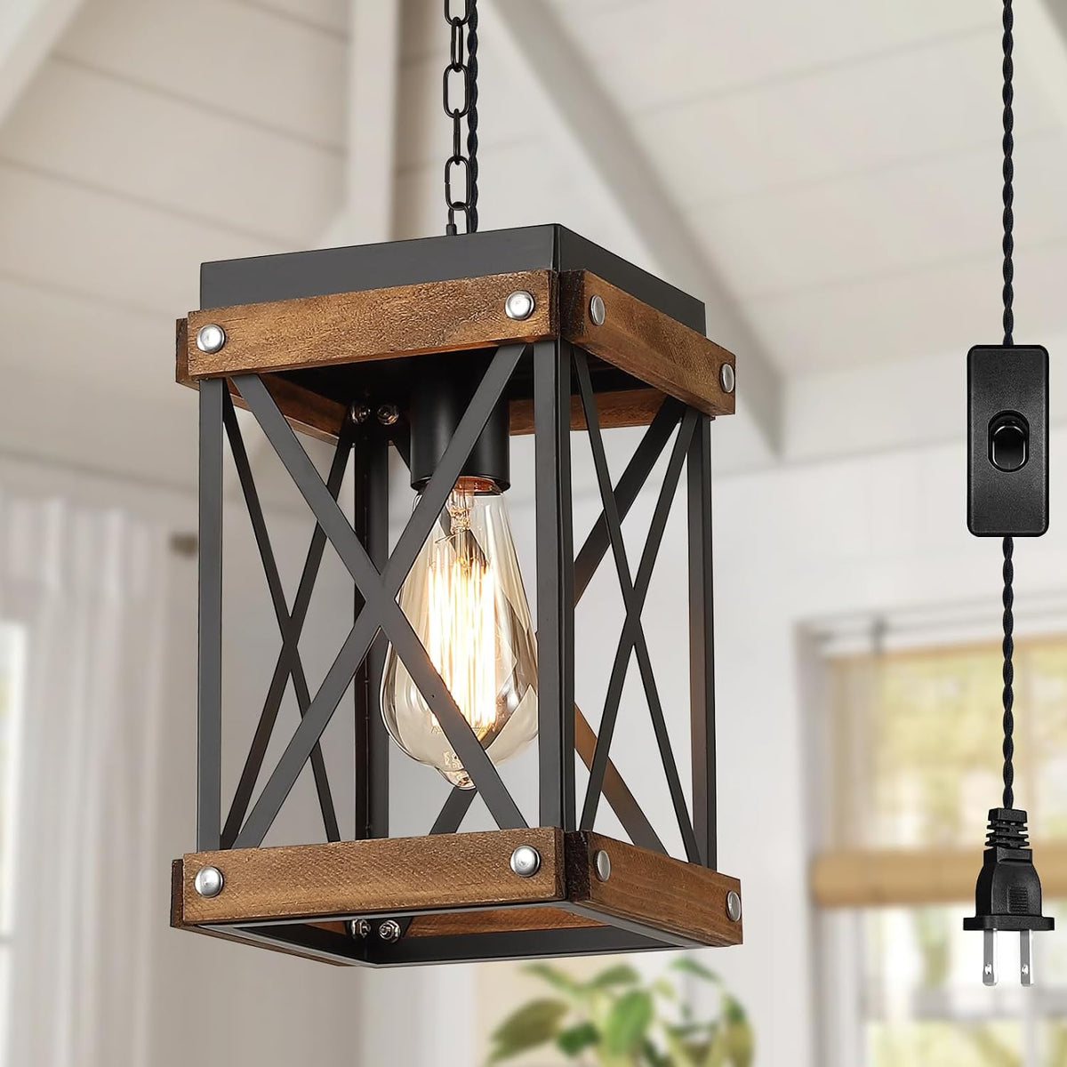 Plug‑in Oak Farmhouse Pendant Light