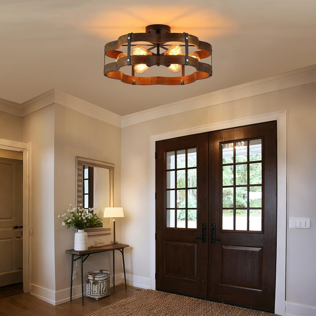 6‑Light Wood‑Black Cage Ceiling Light