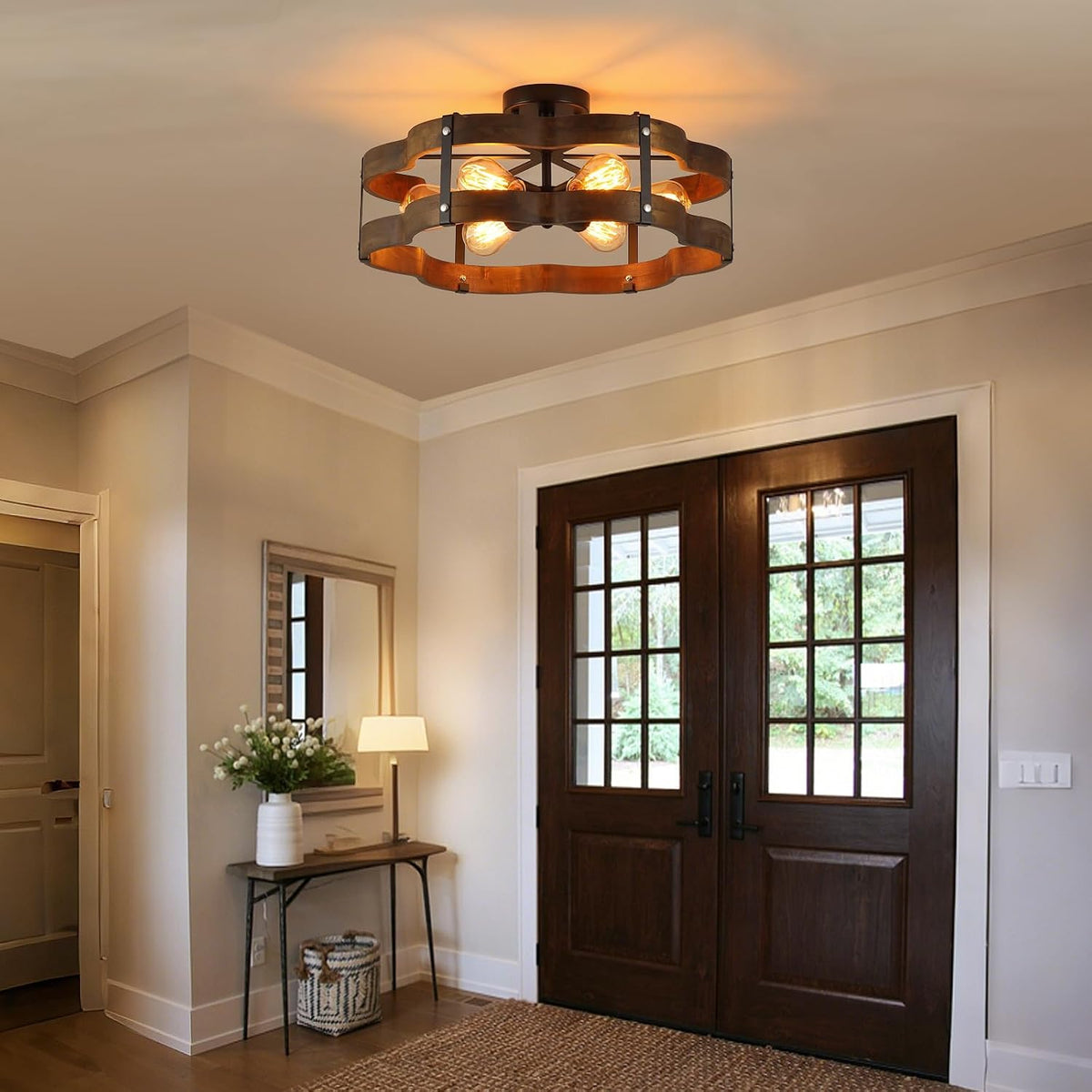 6‑Light Wood‑Black Cage Ceiling Light
