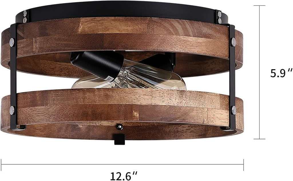 2‑Light Wood‑Black Flush Mount Ceiling Light