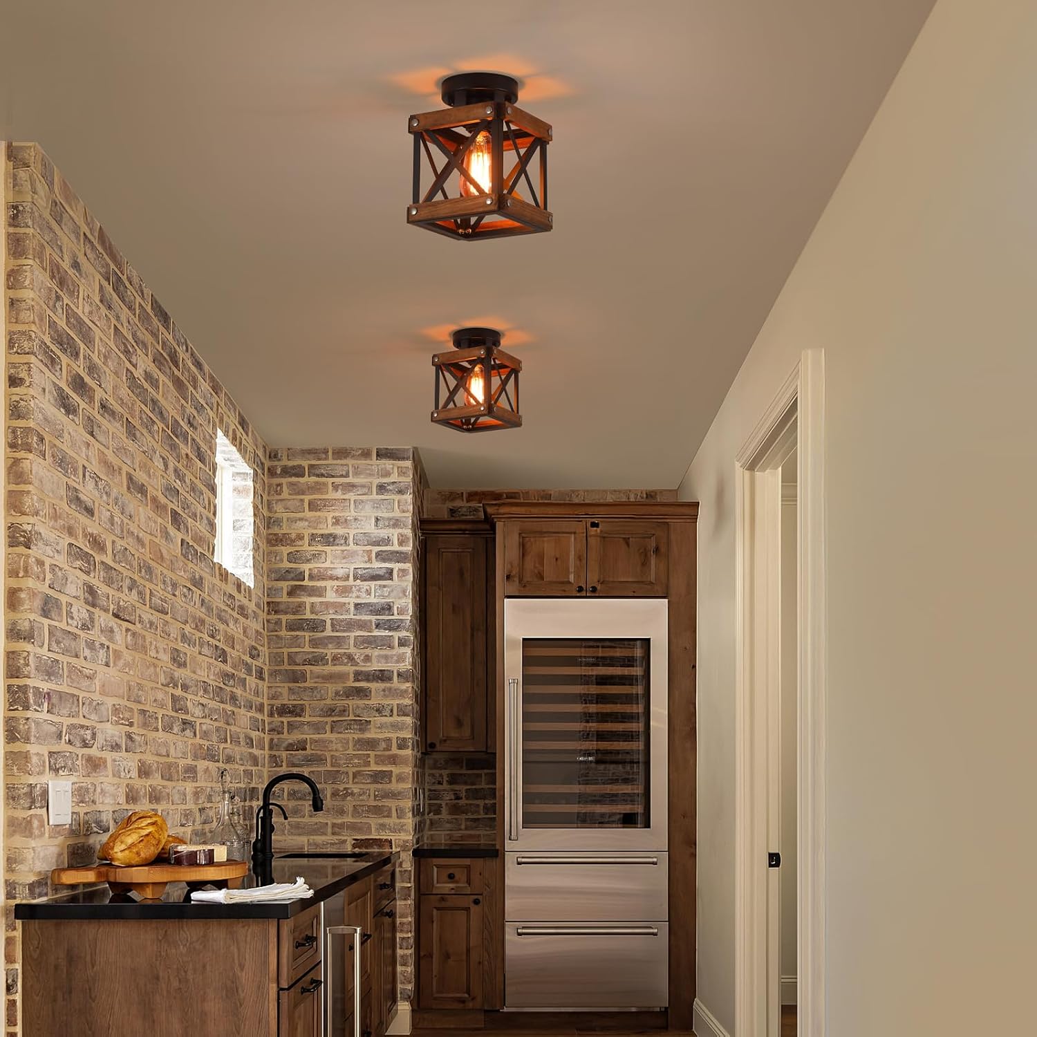 Wood‑Black Cage Flush Mount Ceiling Light