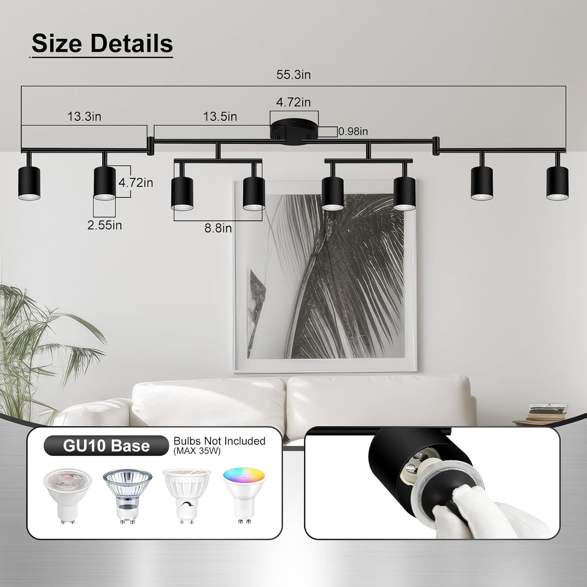 8‑Light Matte Black Track Light Fixture