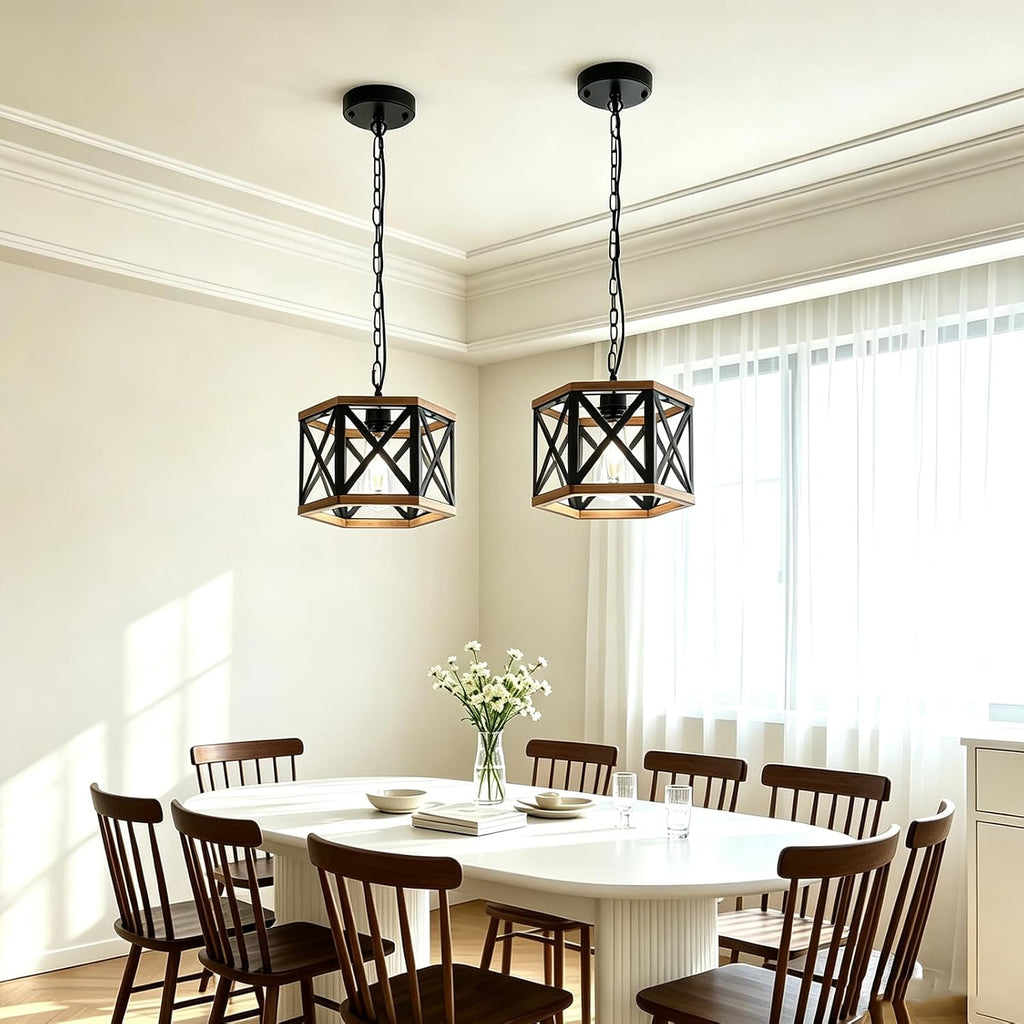 2‑Pack Wood‑Metal Farmhouse Pendant Light