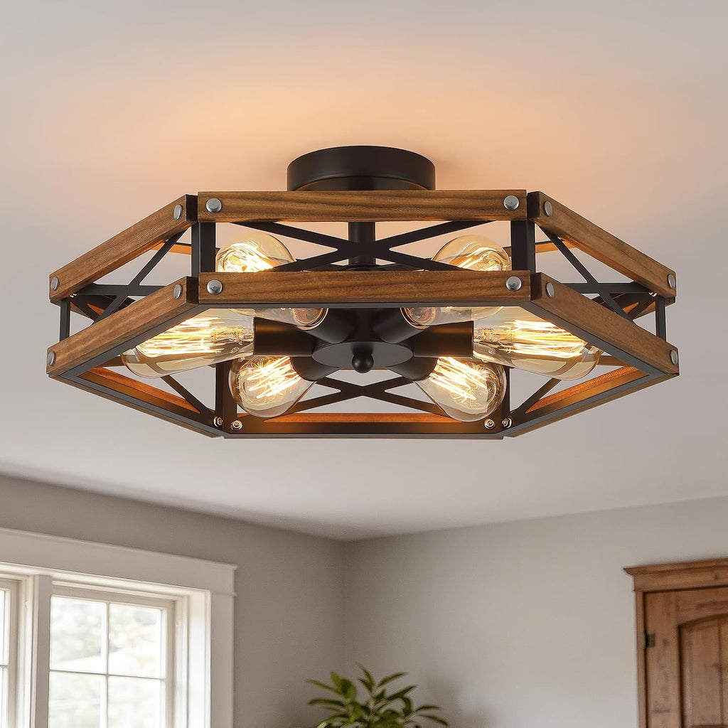 6‑Light Wood‑Black Cage Ceiling Light