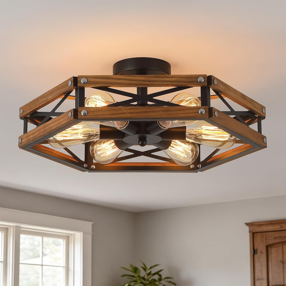 6‑Light Wood‑Black Cage Ceiling Light