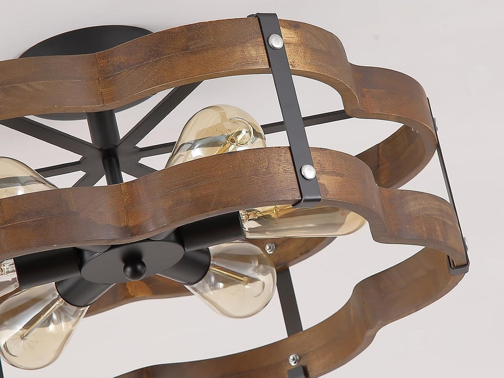6‑Light Wood‑Black Cage Ceiling Light