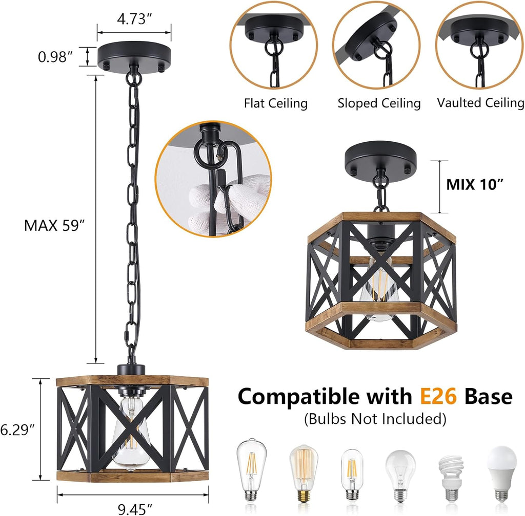 2‑Pack Wood‑Metal Farmhouse Pendant Light