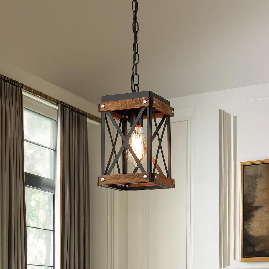 Plug‑in Oak Farmhouse Pendant Light