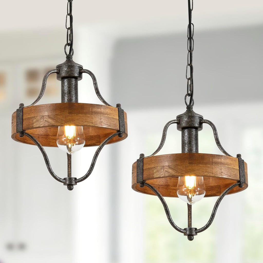 2‑Pack Wood‑Metal Farmhouse Pendant Light