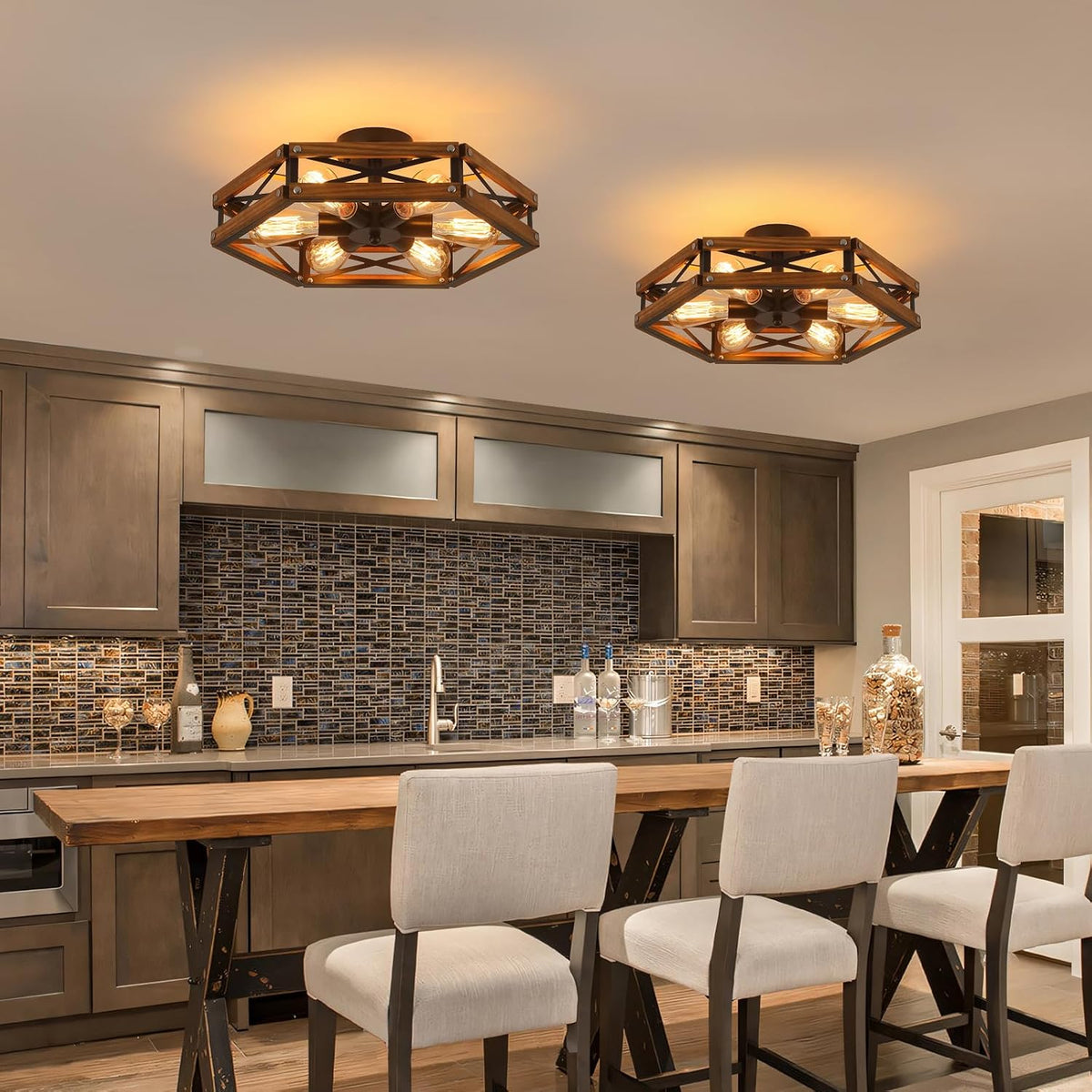 6‑Light Wood‑Black Cage Ceiling Light