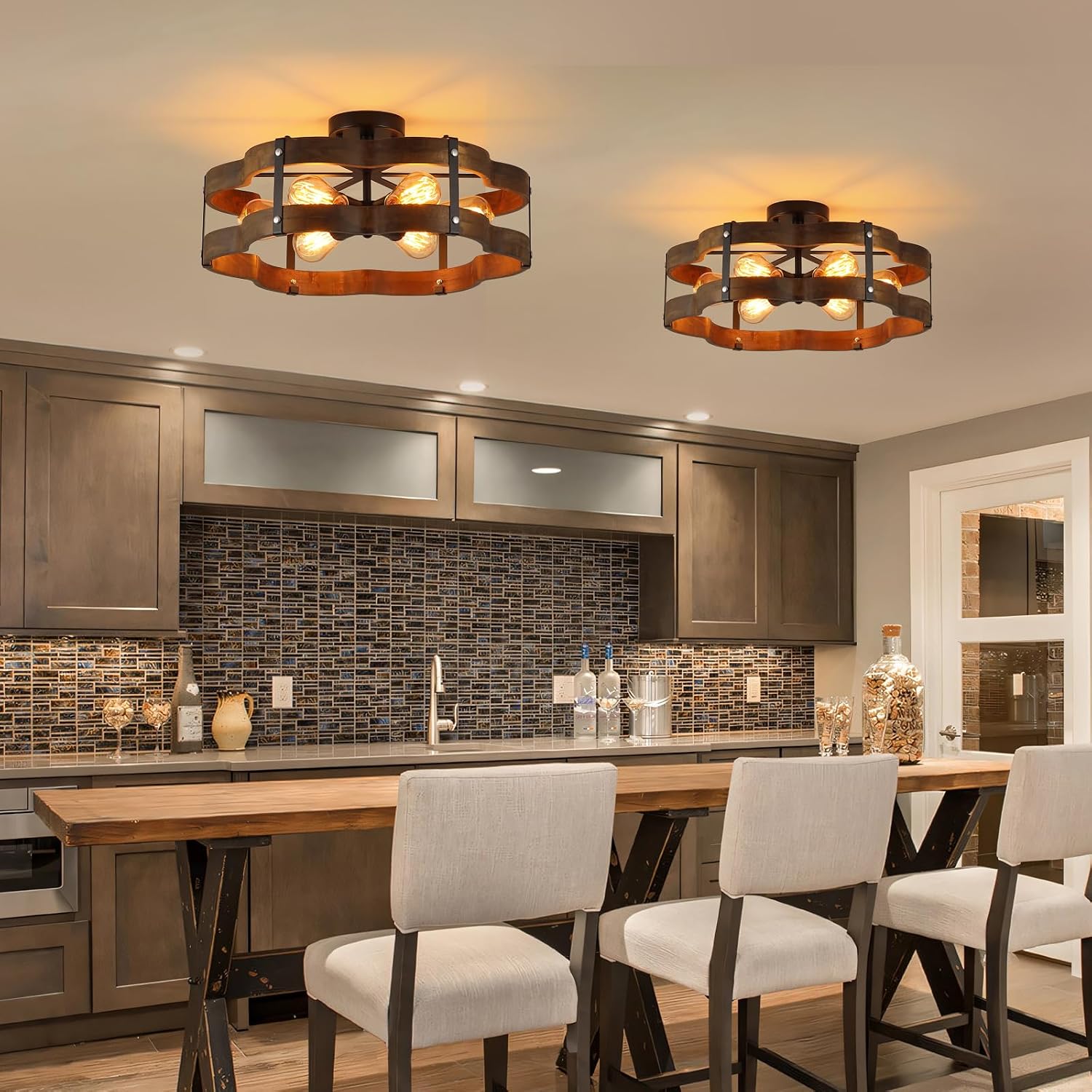 6‑Light Wood‑Black Cage Ceiling Light