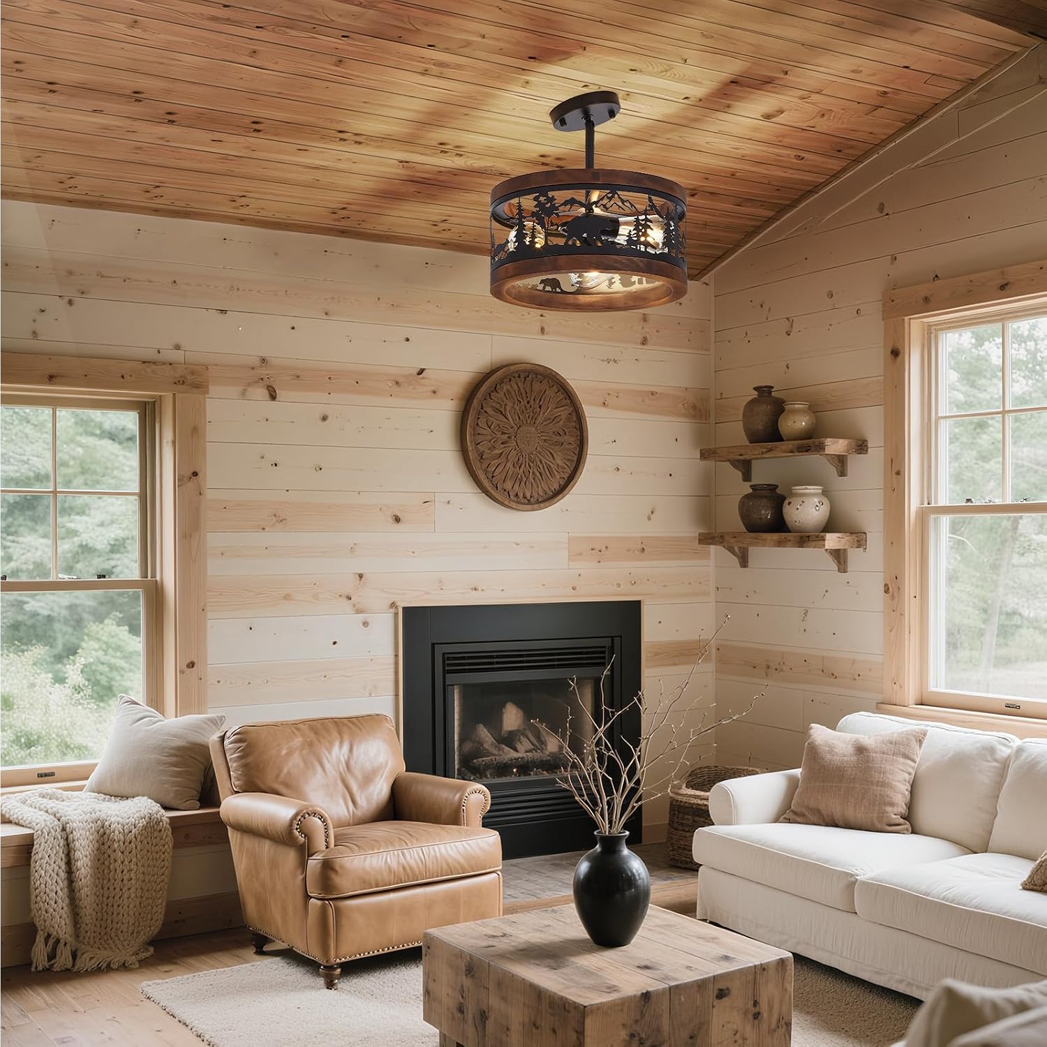 3‑Light Wood‑Metal Bear Ceiling Light