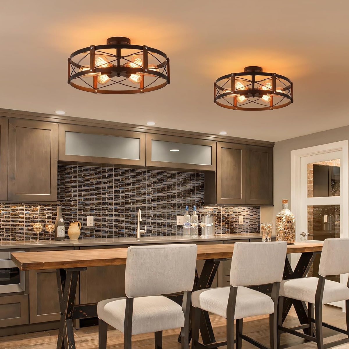 6‑Light Wood‑Black Flush Mount Ceiling Light