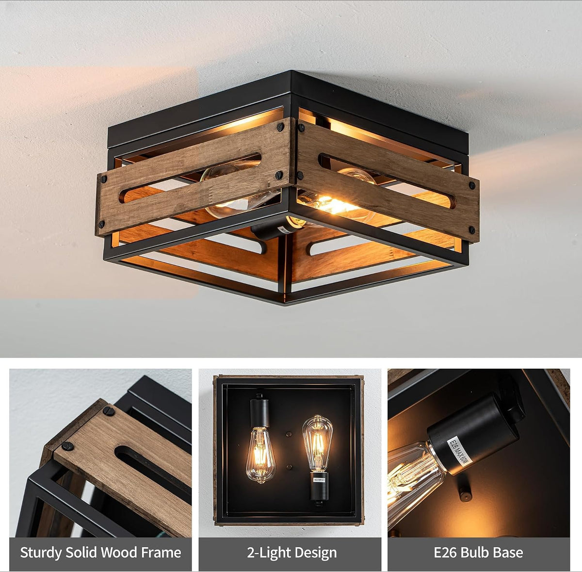 2‑Light Wood‑Metal Farmhouse Ceiling Light