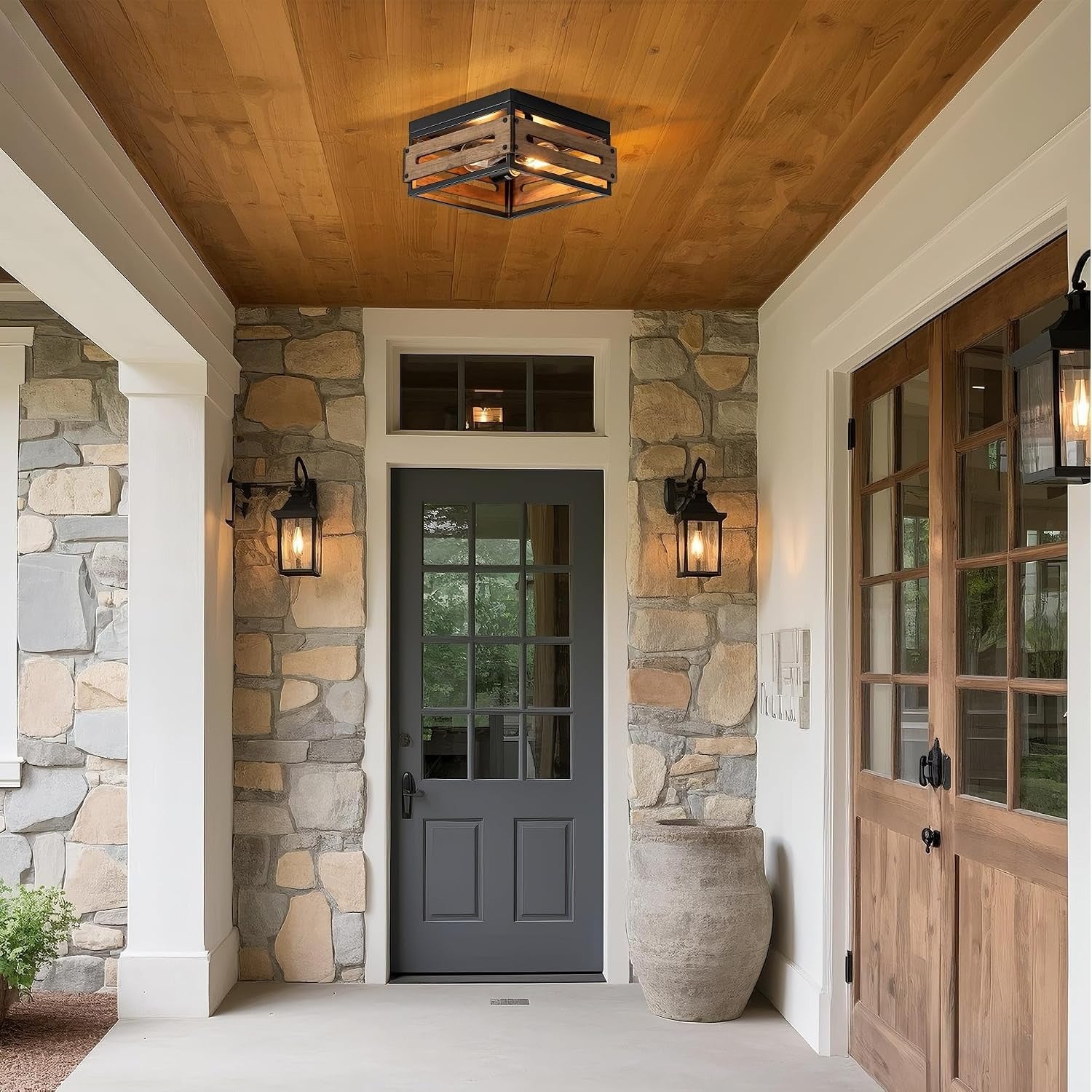 2‑Light Wood‑Metal Farmhouse Ceiling Light